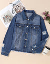 Plus Size Distressed Button Up Raw Hem Denim Jacket