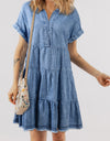 Raw Hem Collared Neck Short Sleeve Denim Dress