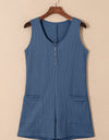 Waffle-Knit Half Button Sleeveless Romper with Pockets