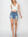 RISEN Stepped Waist Frayed Denim Shorts