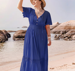 Plus Size Lace Detail Tie Neck Short Sleeve Maxi Dress