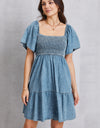 Smocked Square Neck Mini Denim Dress