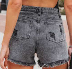 Distressed Fringe Denim Shorts with Pockets