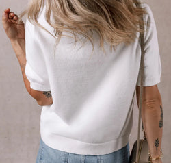 Button Up Round Neck Short Sleeve Knit Top