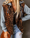 Leopard Distressed Drawstring Hooded Denim Jacket