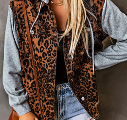 Leopard Distressed Drawstring Hooded Denim Jacket
