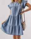 Ruffled Round Neck Cap Sleeve Denim Dress