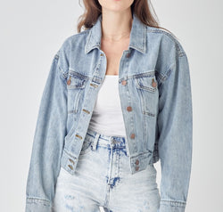 RISEN Full Size Button Down Cropped Denim Jacket