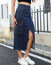 Slit Denim Skirt with Pockets