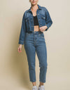 Love Tree Raw Hem Button Up Cropped Denim Jacket