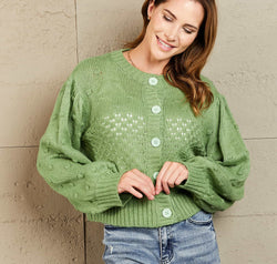 Woven Right Openwork Pompom Puff Sleeve Cardigan