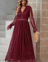 Scalloped Hem Flounce Sleeve Lace V-Neck Maxi Dress