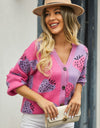 Printed V-Neck Button-Down Long Sleeve Cardigan