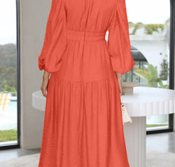 Deep V-Neck Balloon Sleeve Plain Maxi Dress