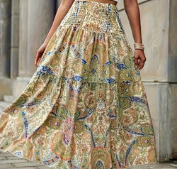 Full Size Tiered Smocked Printed High Waist Skirt