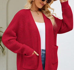 Open Front Raglan Sleeve Pocketed Cardigan