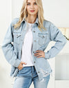 Distressed Button Up Frayed Hem Denim Jacket