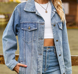 Buttoned Collared Neck Denim Jacket with Pockets