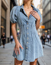 Button Up Puff Sleeve Denim Dress