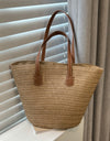 PU Leather Handle Straw Tote Bag