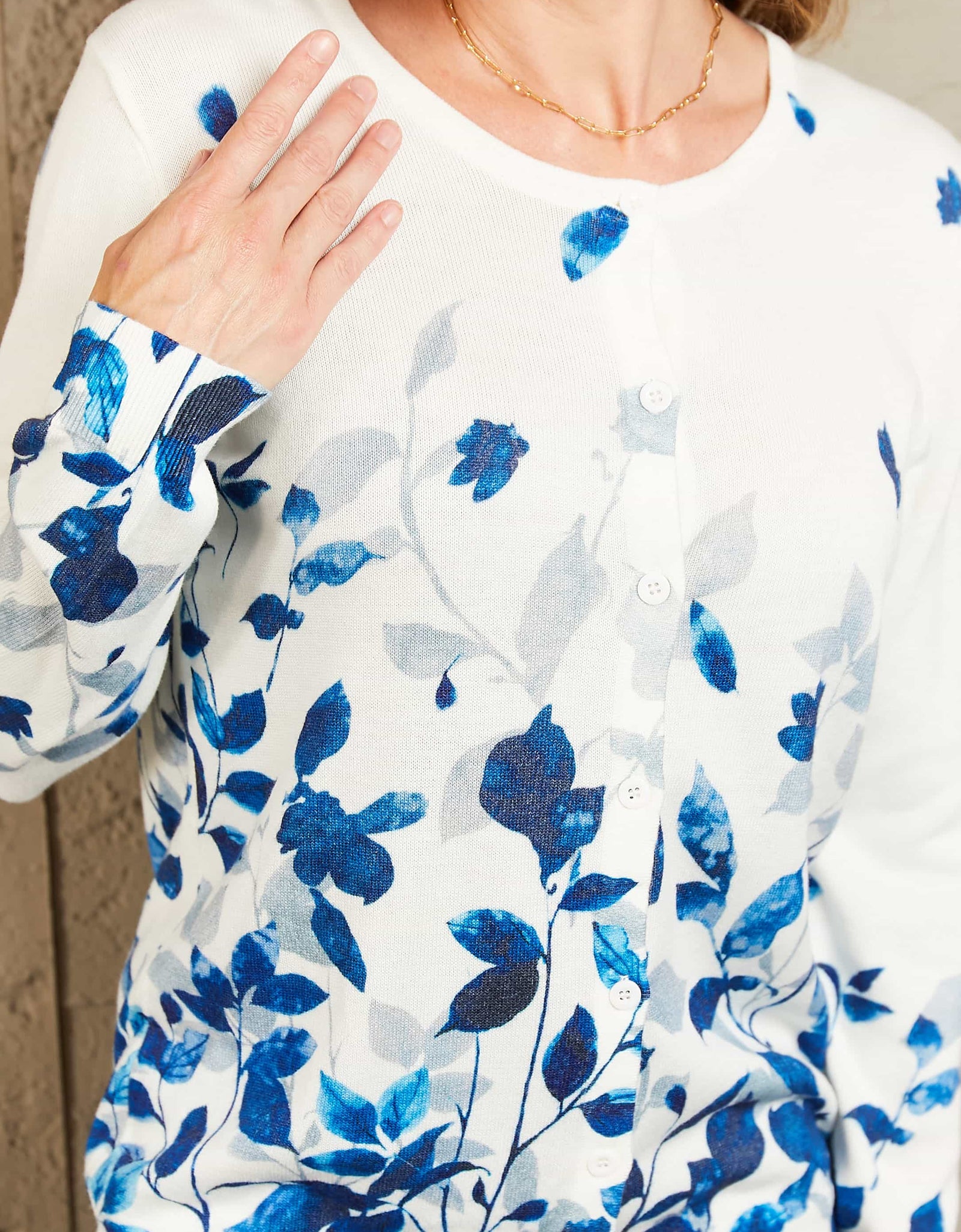 Woven Right Floral Button Front Round Neck Cardigan