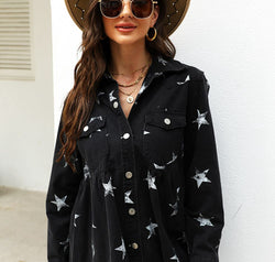Collared Neck Star Print Long Sleeve Denim Jacket