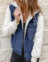 Two-Tone Spliced Denim Sherpa Hooded Jacket