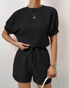 Waffle-Knit Round Neck T-Shirt and Pocketed Shorts Lounge Set