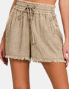 Zenana Washed Linen Frayed Hem Drawstring Shorts