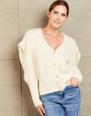 Woven Right Puff Sleeve V-Neck Fuzzy Cardigan