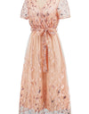 Sequin Leaf Embroidery Tie Front Short Sleeve Dress