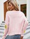 Smiley Face Ribbed Trim V-Neck Cardigan