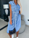 Collared Neck Cap Sleeve Denim Dress