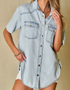 Slit Snap Down Short Sleeve Denim Top