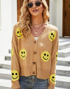 Smiley Face Ribbed Trim V-Neck Cardigan