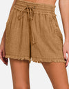 Zenana Washed Linen Frayed Hem Drawstring Shorts