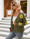 Smiley Face Ribbed Trim V-Neck Cardigan