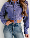 Raw Hem Button Up Cropped Denim Top