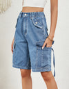 Buttoned Elastic Waist Denim Shorts with Pockets