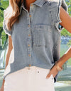 Raw Hem Button Up Cap Sleeve Denim Top