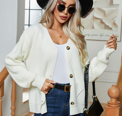 Button Up V-Neck Long Sleeve Cardigan