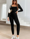 Ruched Square Neck Long Sleeve Active Jumpsuit