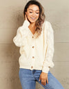 Woven Right Button Front Ribbed Lantern Sleeve Cardigan