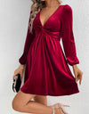 Twisted V-Neck Balloon Sleeve Mini Dress