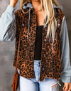 Leopard Distressed Drawstring Hooded Denim Jacket