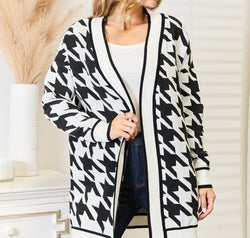 Woven Right Houndstooth Open Front Longline Cardigan