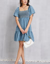 Smocked Square Neck Mini Denim Dress