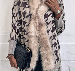 Houndstooth Fringe Hem Poncho