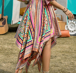 Printed High Waist Handkerchief Hem Skirt