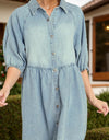 Raw Hem Snap Down Half Sleeve Denim Dress